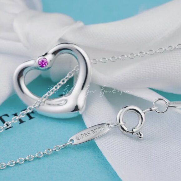 Tiffany & Co. Pink Sapphire Necklace Elsa Peretti Open Heart Pendant 16mm in Sil - Picture 6 of 6